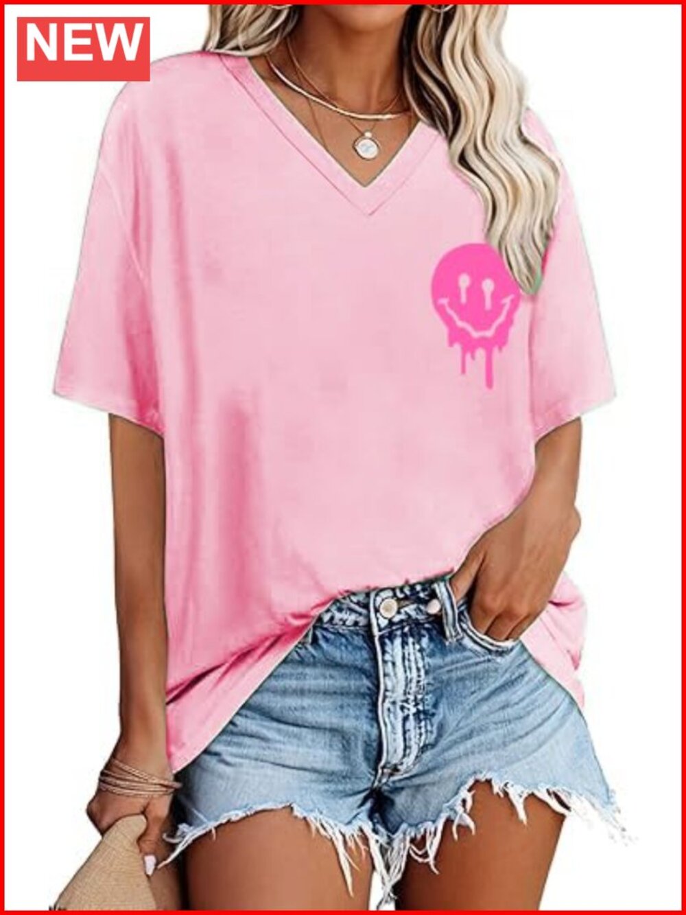 Oversized V-Neck Graphic Tee for Women Summer Casual Loose Top Floral Print